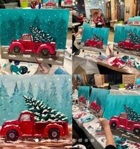 Red toy truck on a snowy holiday card display at a craft booth