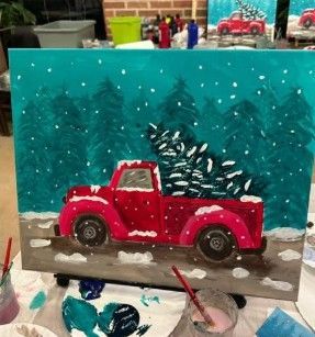 Red pickup truck hauling a Christmas tree in falling snow on a teal canvas painting