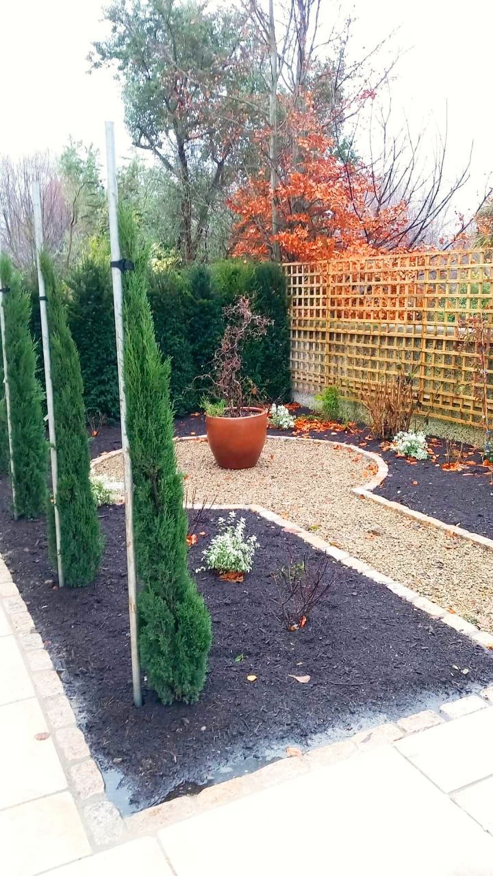 Garden with Cypress trees, gravel path, brown soil, and a potted plant in the center.