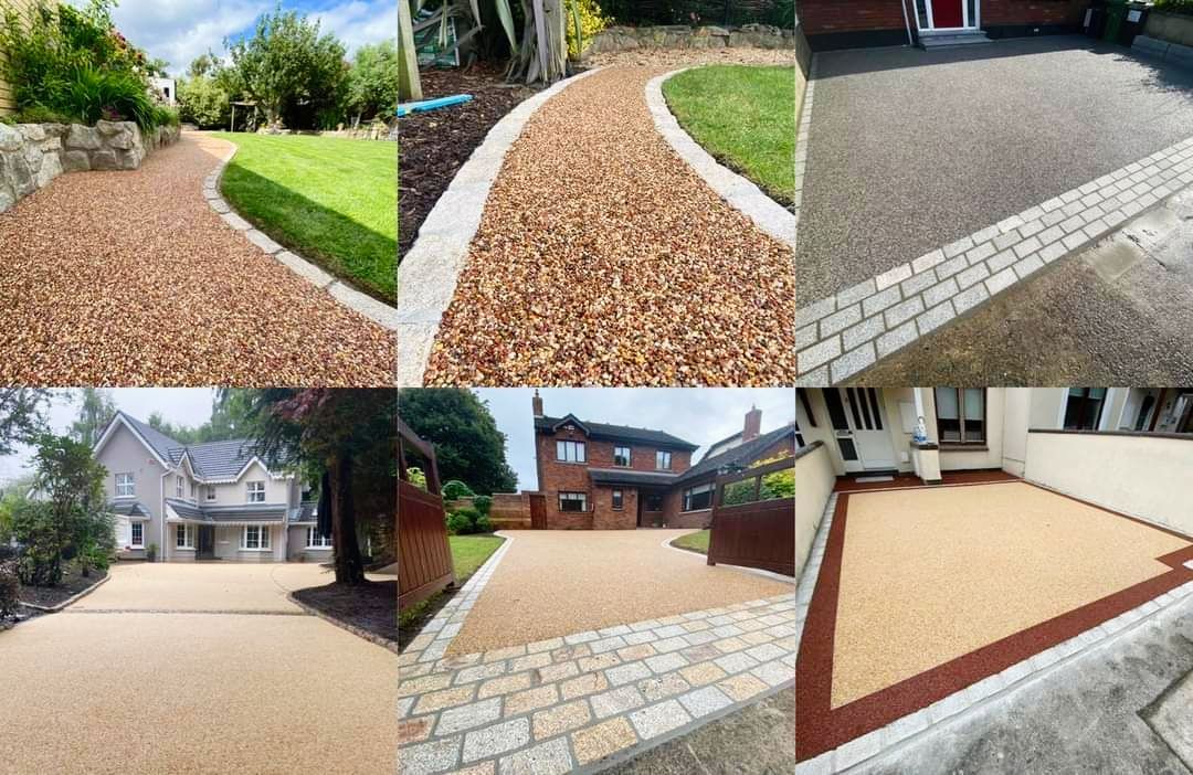 Collection of six driveways and pathways, showcasing various surfaces like gravel and paving stones.
