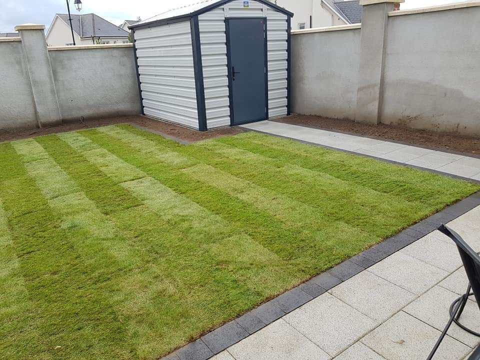 Lawn with mowing stripes, shed, and patio in a fenced backyard.