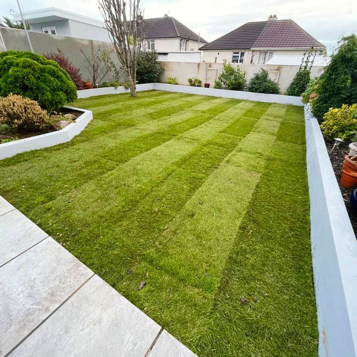 Green lawn with striped mowing pattern, bordered by white concrete walls and light-colored stone paving.