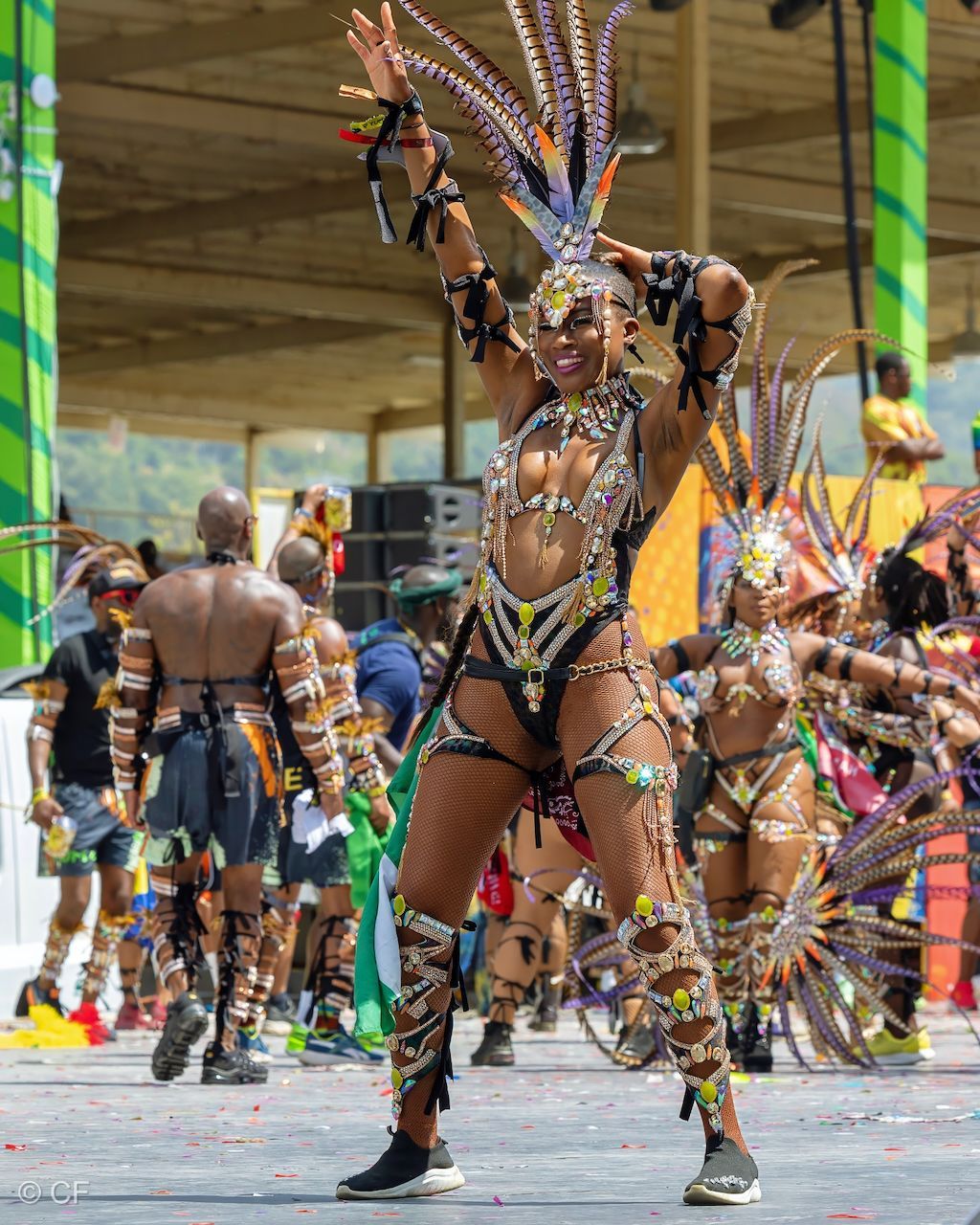 a woman in a colorful costume is standing with her hands on her hips .