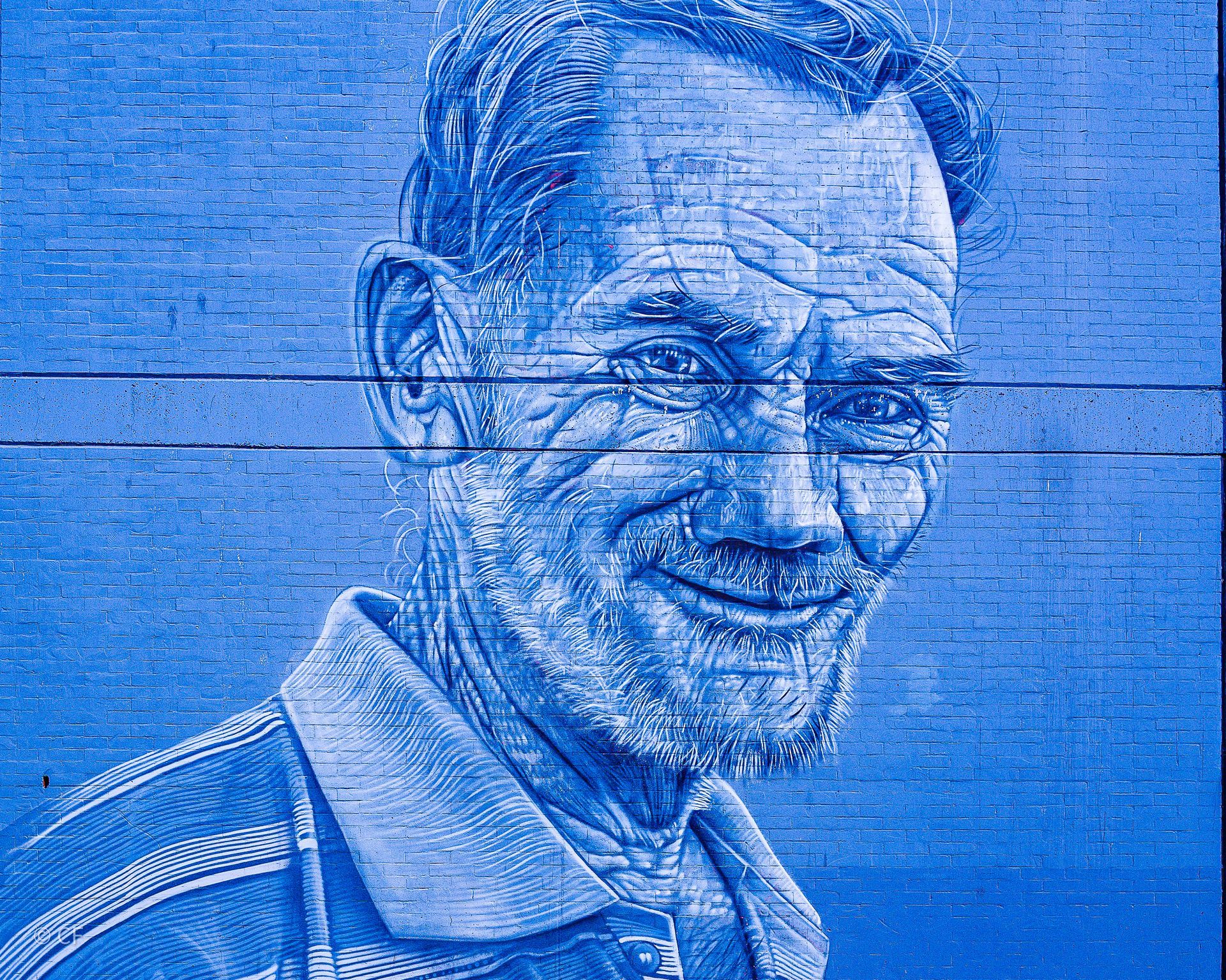 A blue painting of a man with a beard on a blue brick wall