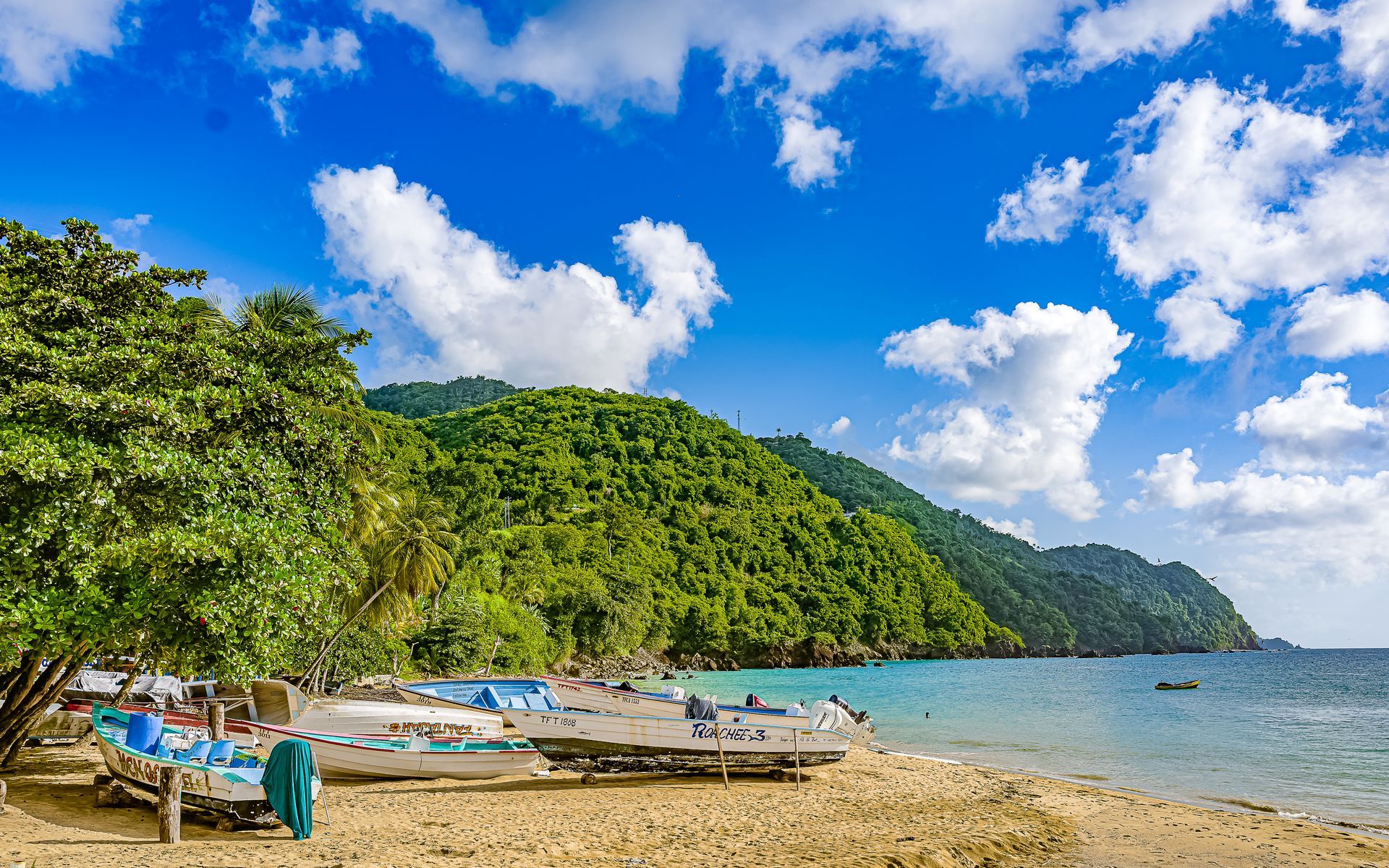 A beach with boats on the sand and mountains in the background.