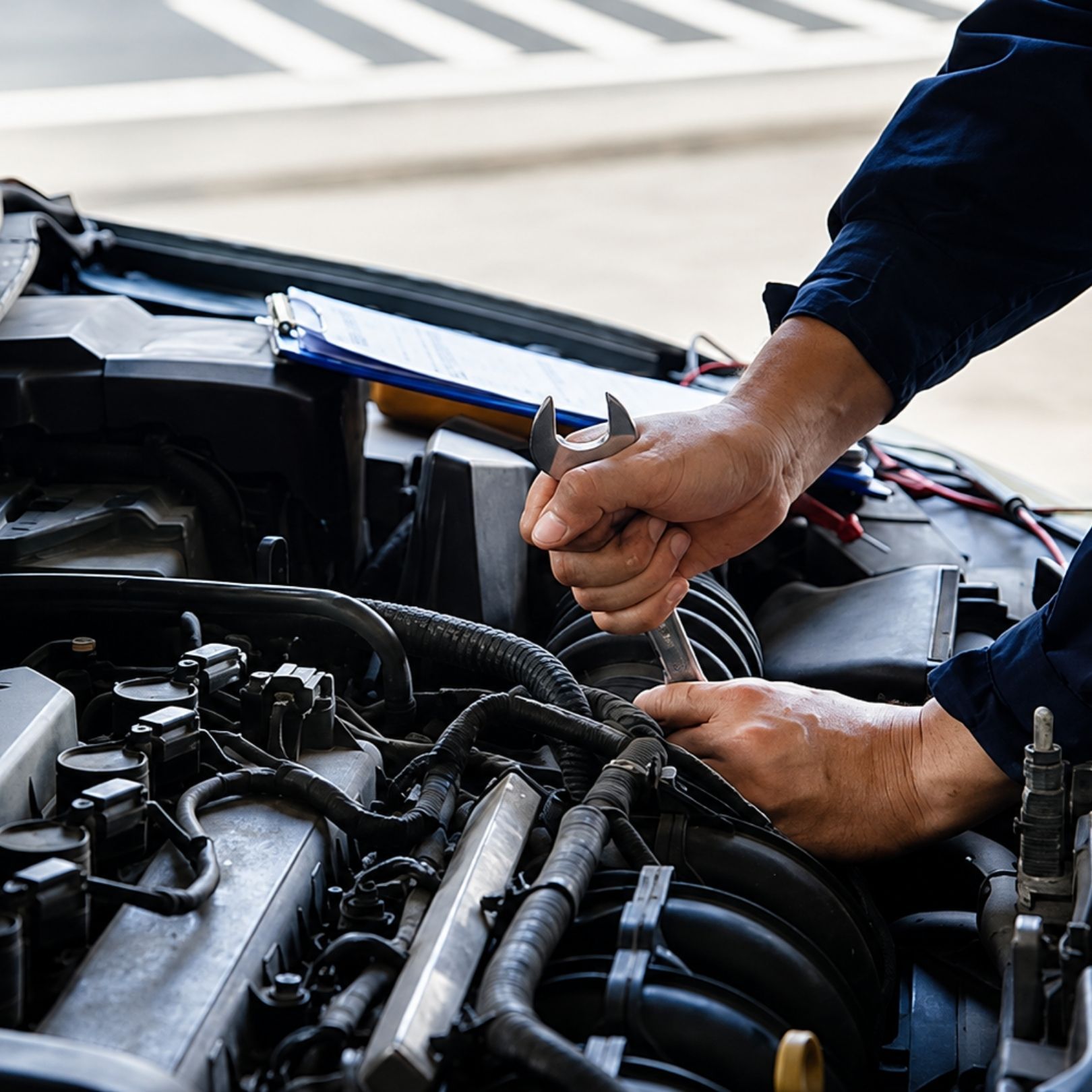 Mechanic tightening a bolt in an open car engine bay with a wrench
