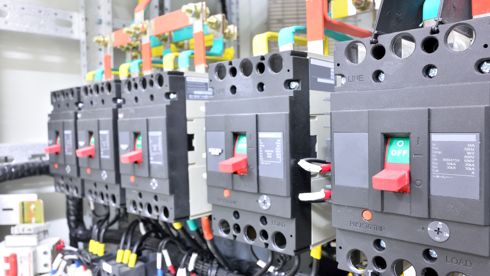 Row of black electrical circuit breakers with red toggles in a control panel cabinet