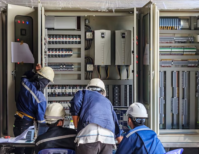 Electricians inspecting open electrical panels and wiring in a utility room