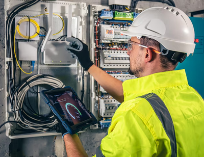 Technician in hard hat inspecting an electrical control panel with a tablet in a utility cabinet