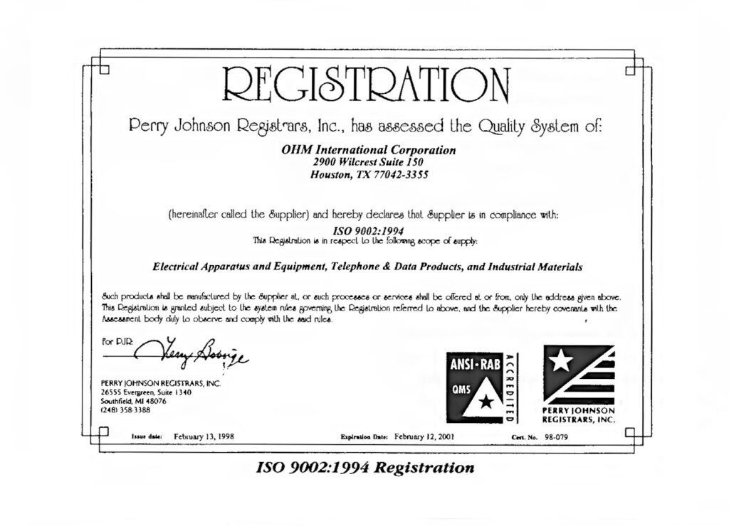 ISO 9002:1994 registration certificate with decorative border and official signatures