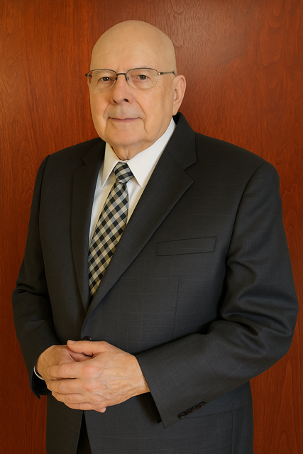 Man in a dark suit and patterned tie standing against a wooden wall, hands clasped.
