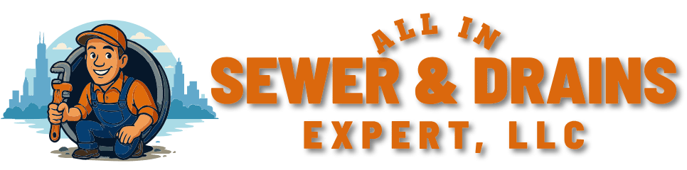 Logo for All In Sewer & Drains Expert, LLC with a smiling plumber holding a wrench in front of a sewer.