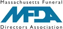 The massachusetts funeral directors association logo is blue and white.