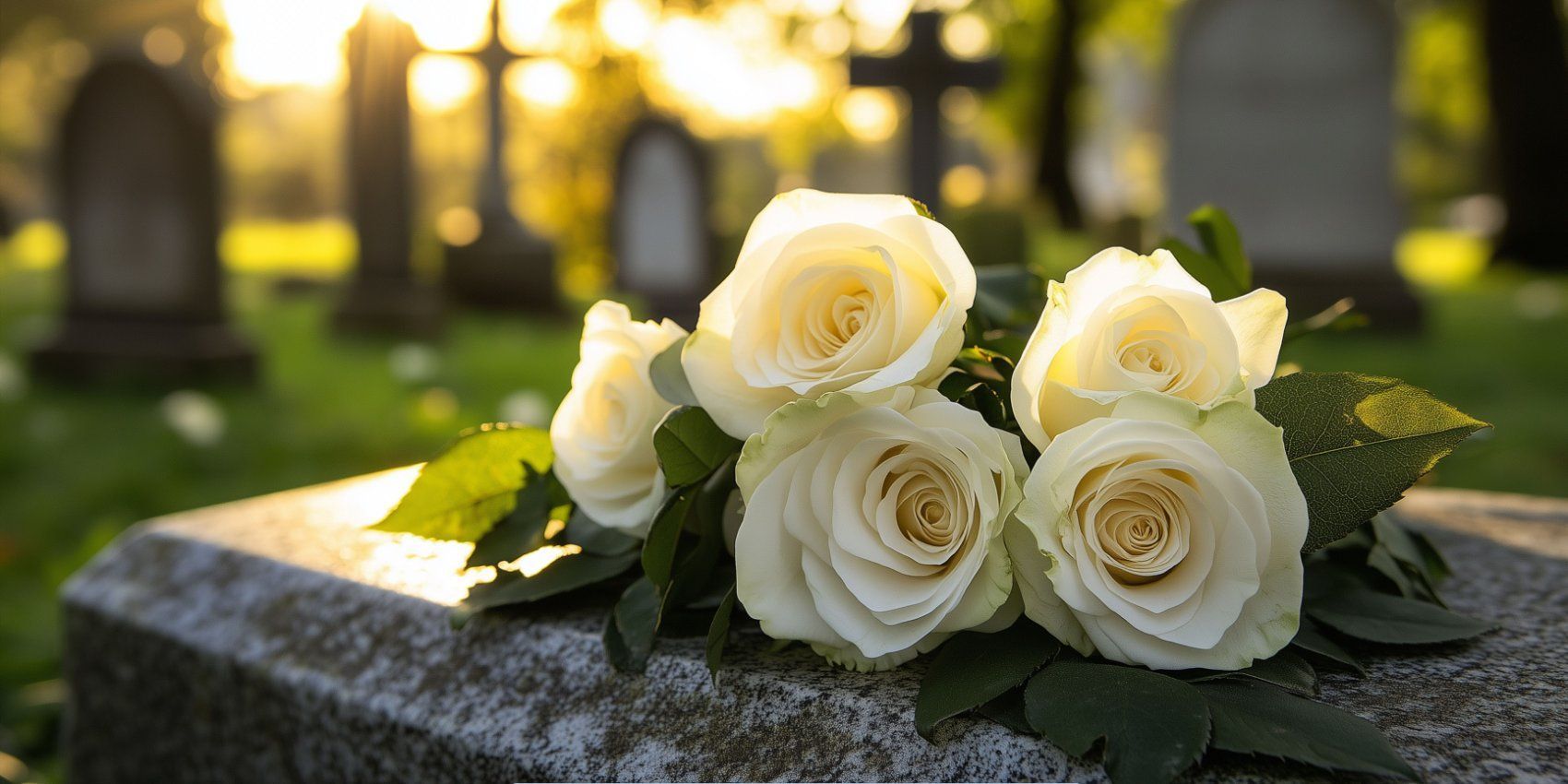 White roses resting on a gravestone in a peaceful cemetery setting, representing Funeral Home and Cremations in Worcester, MA.