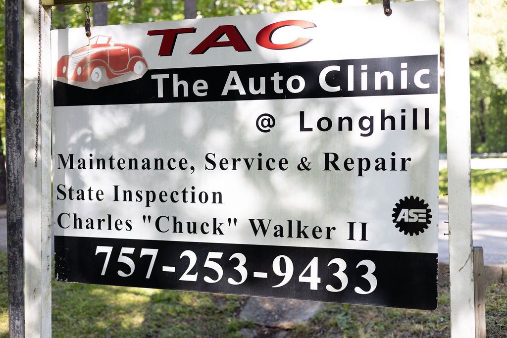 TAC The Auto Clinic sign in Longhill, listing maintenance, service and repair with phone number 757-253-9433