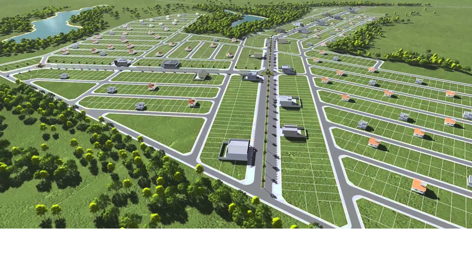 An aerial view of a residential area with lots of grass and trees