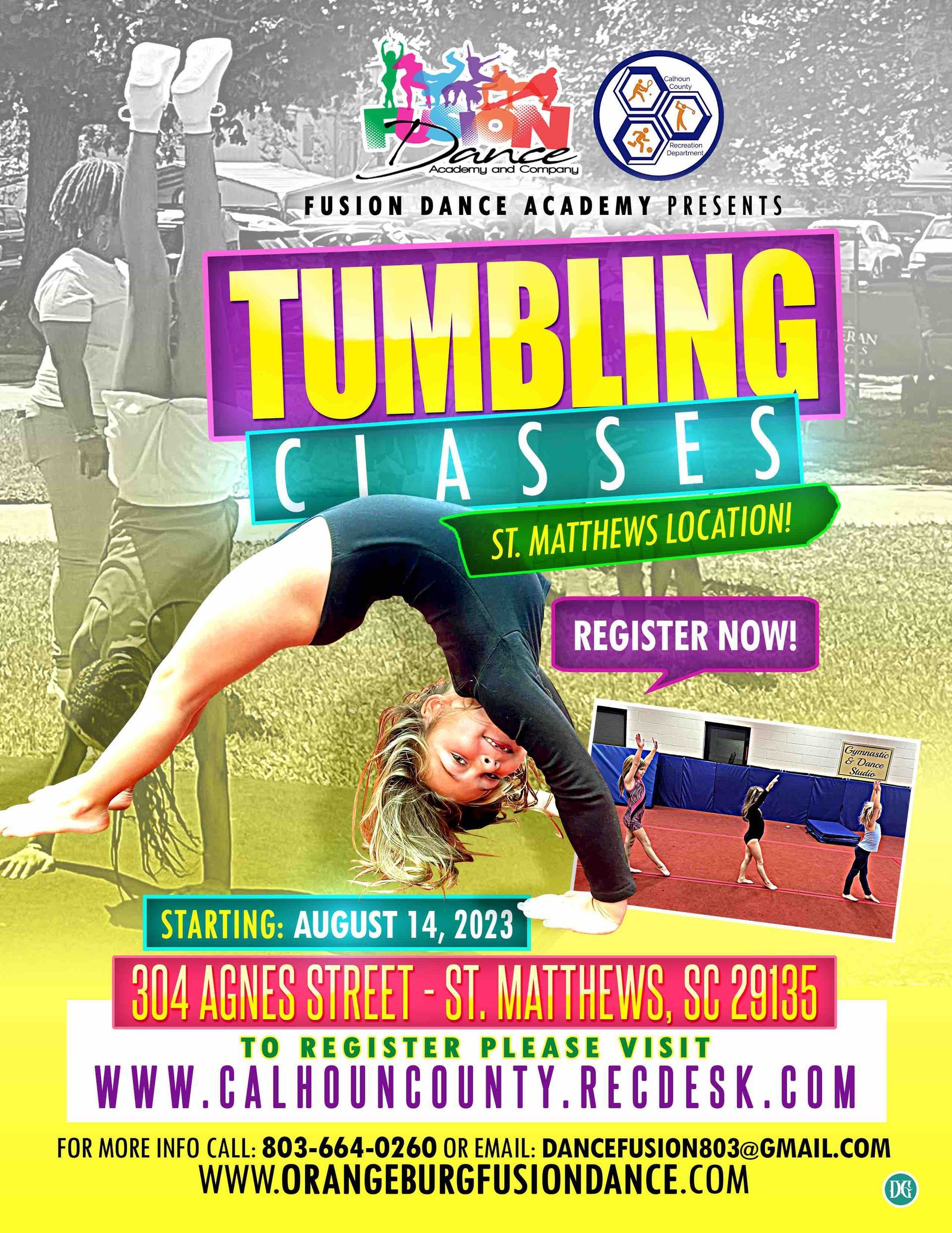 A poster for tumbling classes with a girl doing a handstand.
