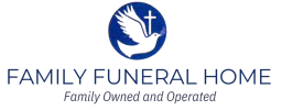 Family Funeral Home logo with white dove, cross, and “Family Owned and Operated” tagline