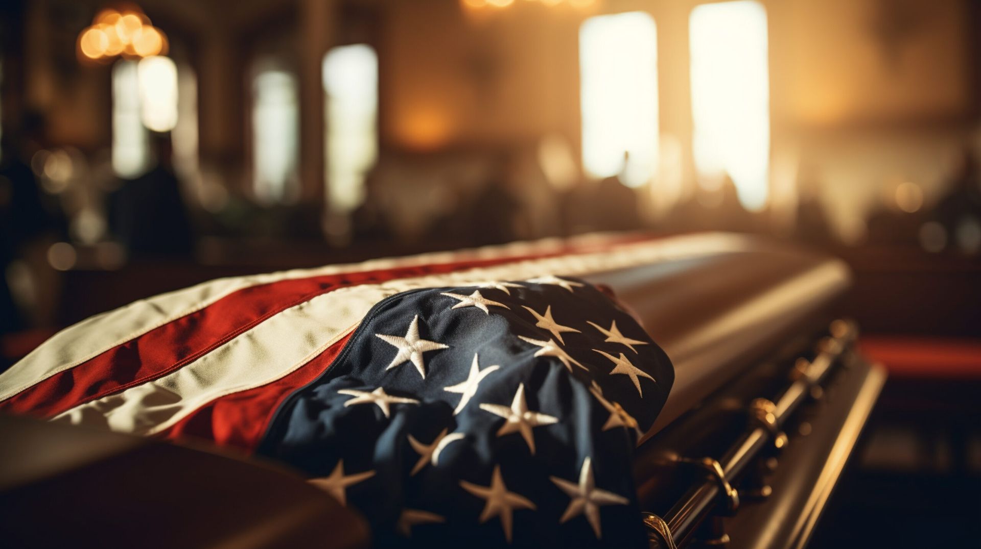 Folded American flag draped over a wooden casket in a softly lit memorial setting