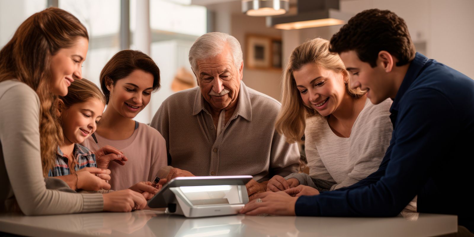 Family gathered around a glowing tablet, smiling and reading together on a couch