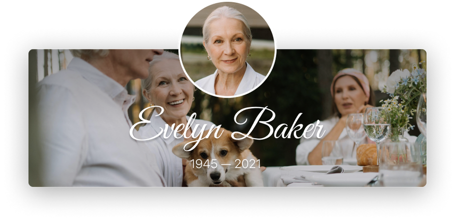 Memorial banner for Evelyn Baker with portrait and wedding photo collage on a dark background