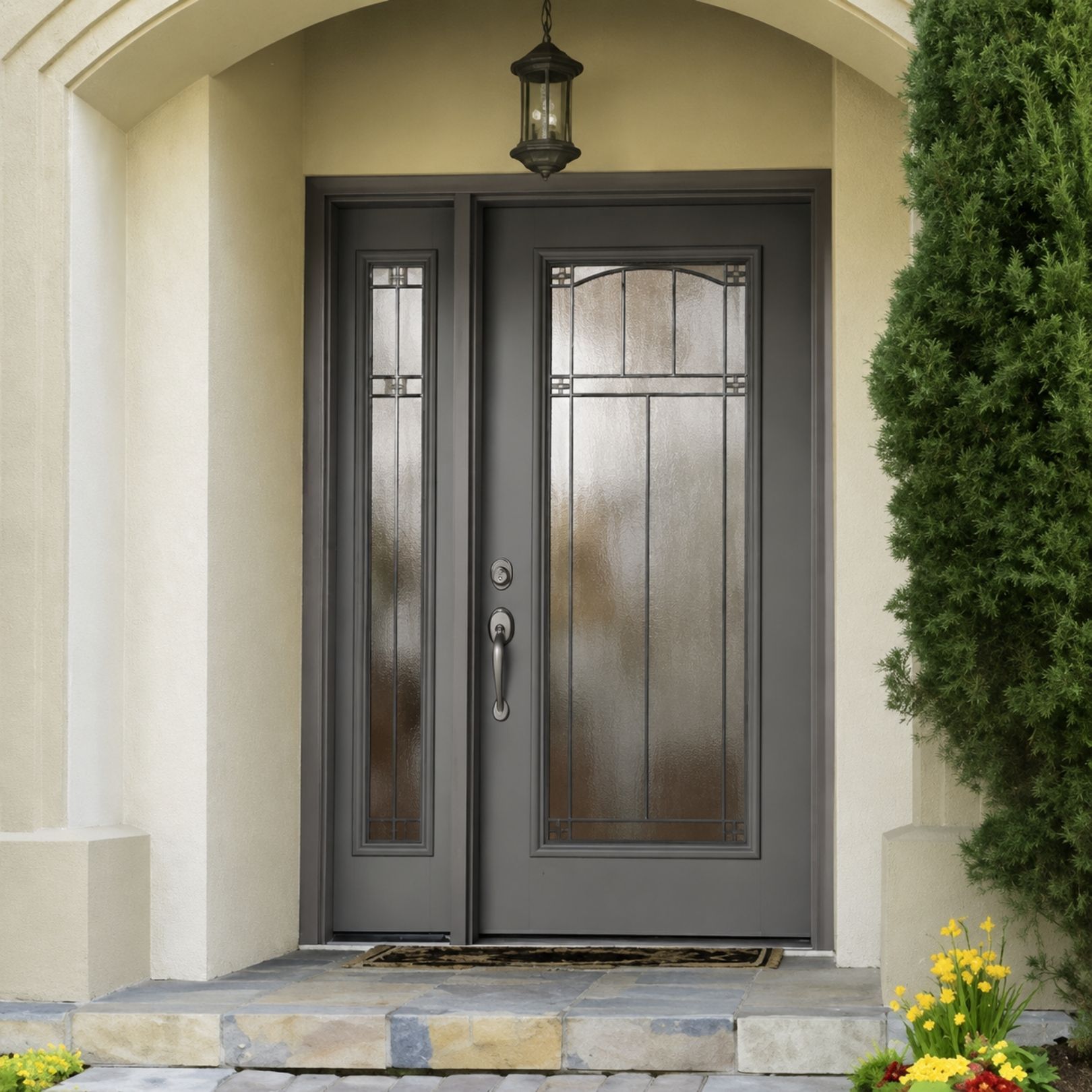 Gray front door with frosted glass panels under a stone archway, with a lantern and potted flowers nearby