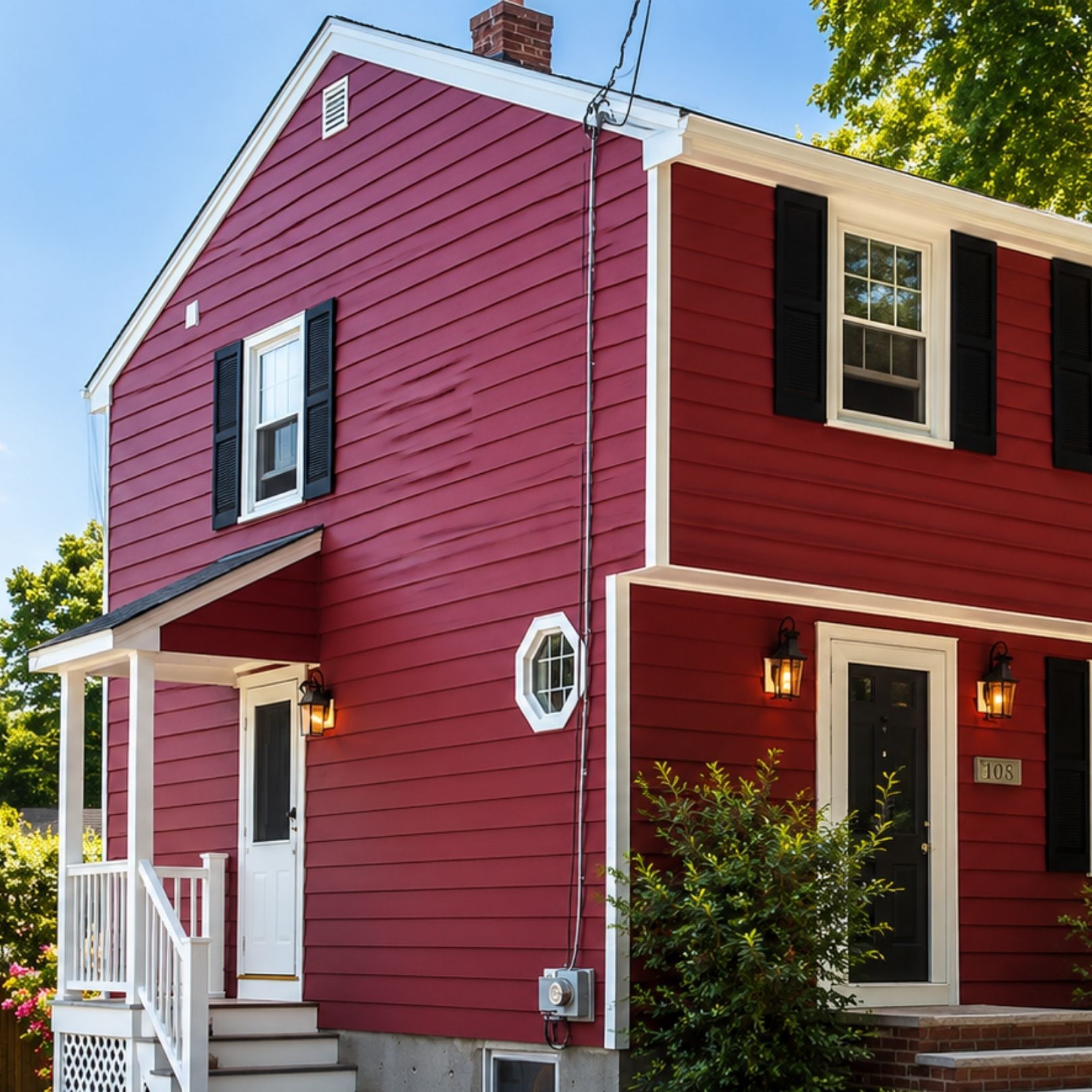 Red two-story house with white trim, black shutters, and a small front porch under a blue sky