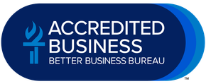 Accredited Business Bureau badge with blue background and white text.