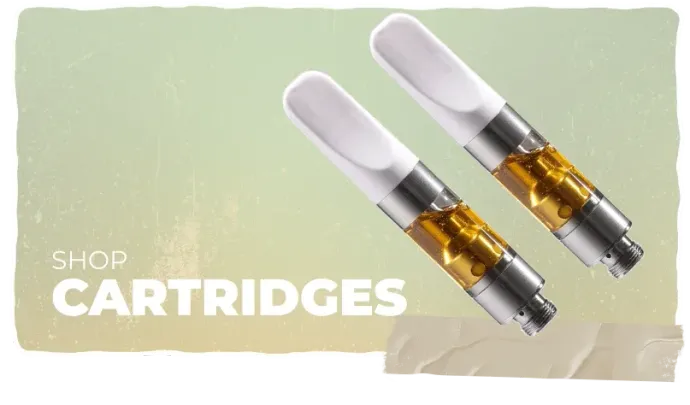 Two white vape cartridges on a pale green background with “SHOP CARTRIDGES” text