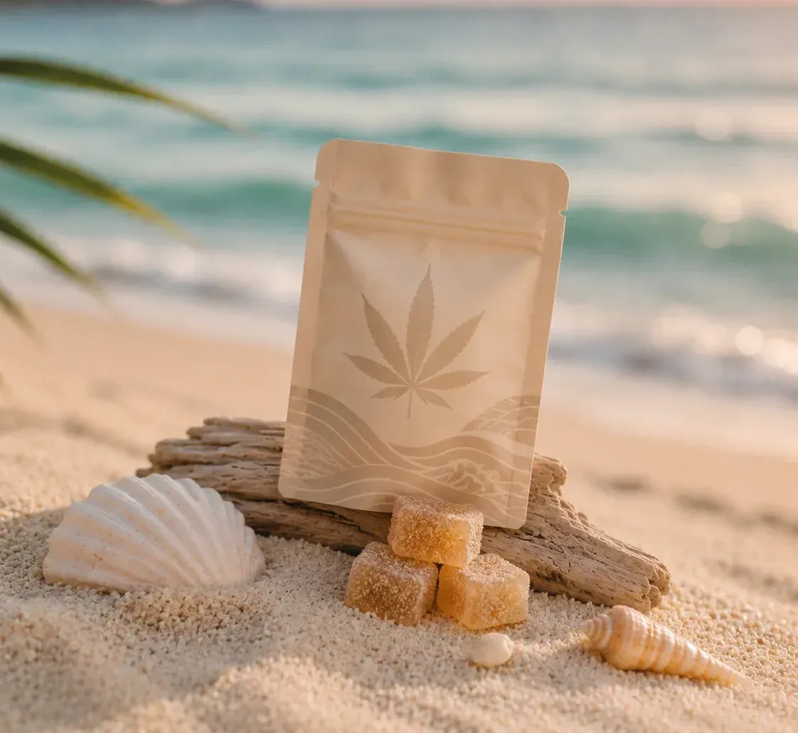 Cannabis pouch with leaf logo on sand by seashells and sugar cubes at a beach