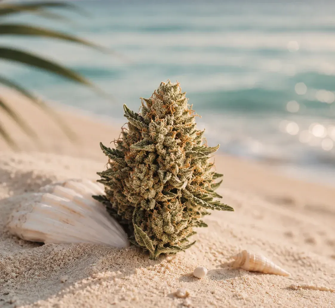 Cannabis bud on sandy beach with ocean waves in the background