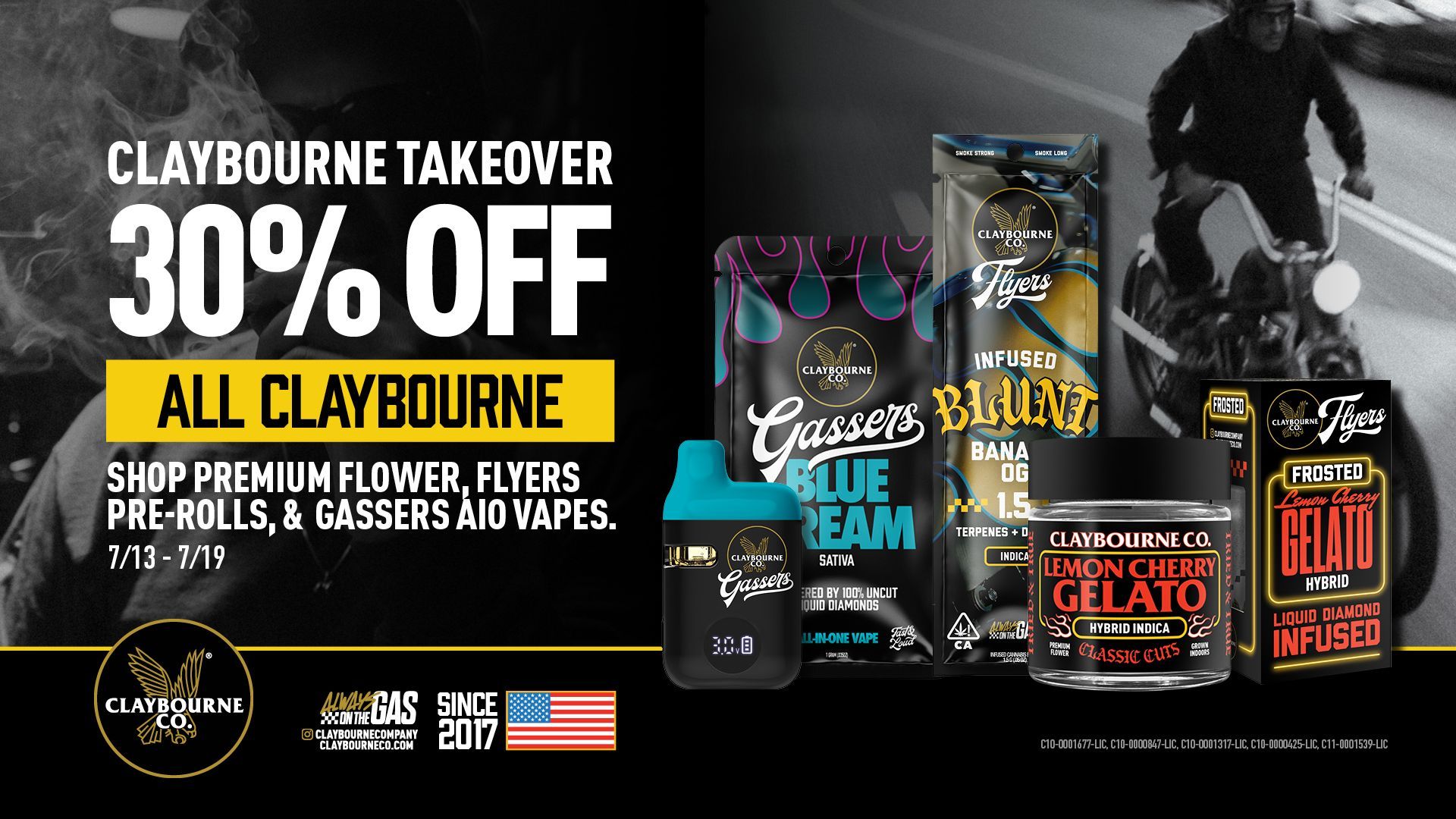 30% Claybourne advertisement banner with cannabis vapes in foreground and motorcycle rider in back