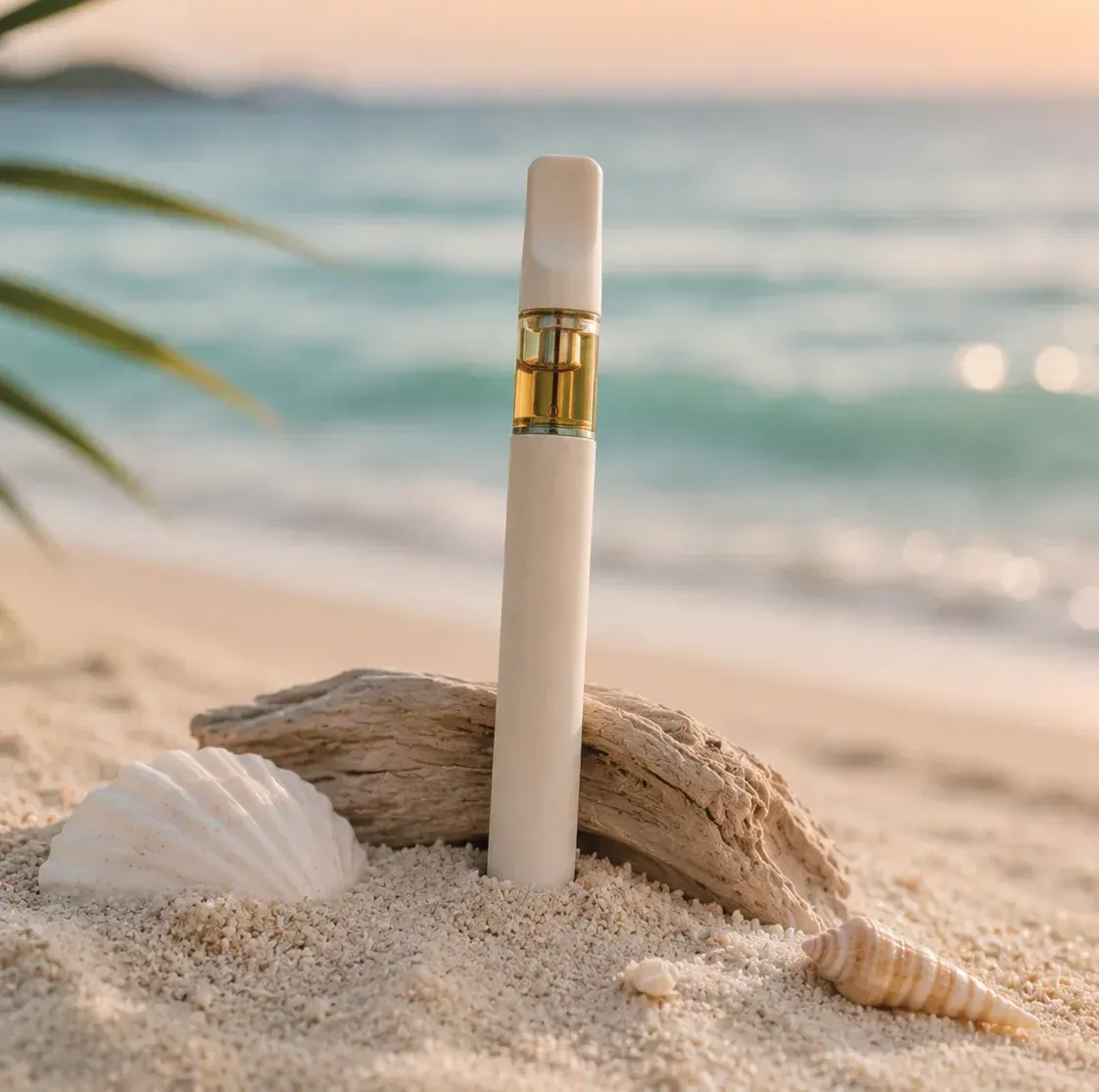 Image of cannabis vape pen on sandy beach with ocean water in background