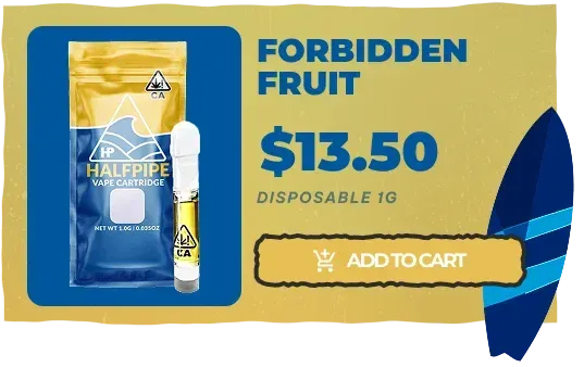 Forbidden Fruit disposable vape product ad with price $13.50 and Add to Cart button