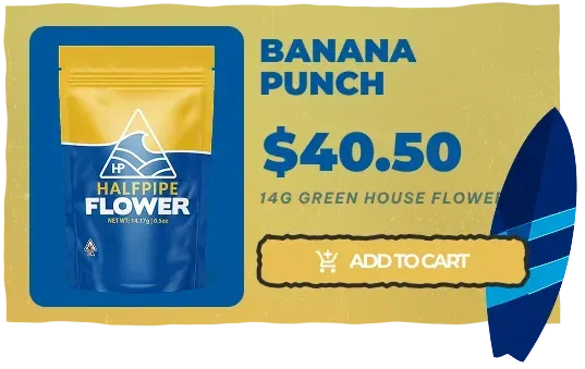 Banana Punch flower product ad, blue-and-gold pouch, $40.50, 14G green house flower, add to cart button