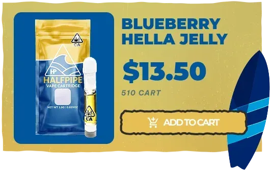 Blueberry Hella Jelly vape ad with product image, $13.50 price, and an orange Add to Cart button