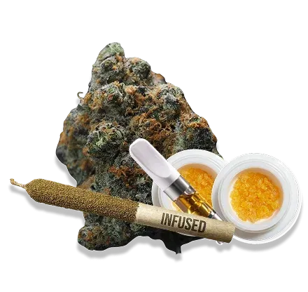 Cannabis concentrate product display with a bud, vape cartridge, dab tool, and two jars of golden wax