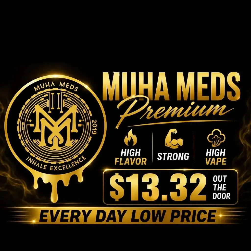MUHA Meds Premium brand deal with gold lettering and pricing and text