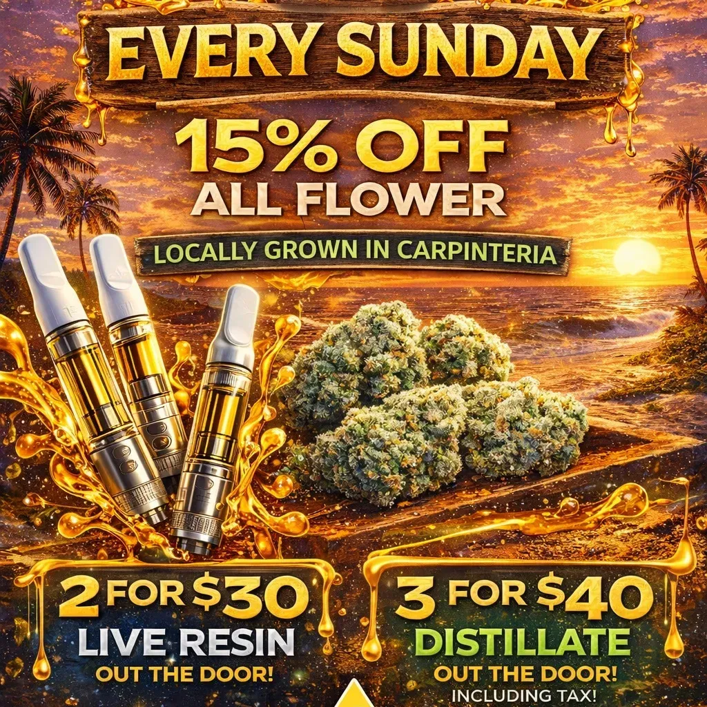 Promotional graphic advertising Sunday cannabis deals with 15% off all flower, 2 live resin vape cartridges for $30, and 3 distillate vape cartridges for $40, featuring cannabis flower and vape cartridges against a beach sunset background.