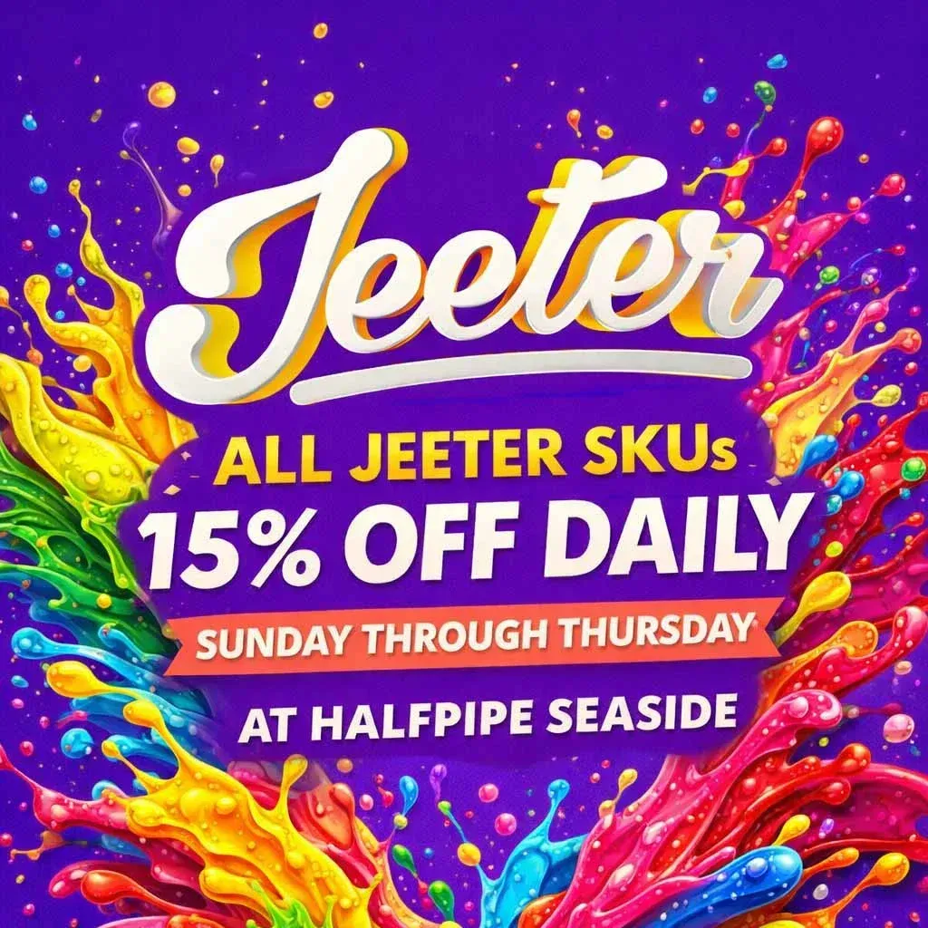 Colorful promotional graphic advertising 15% off all Jeeter products Sunday through Thursday at Halfpipe Seaside with vibrant paint splash artwork.