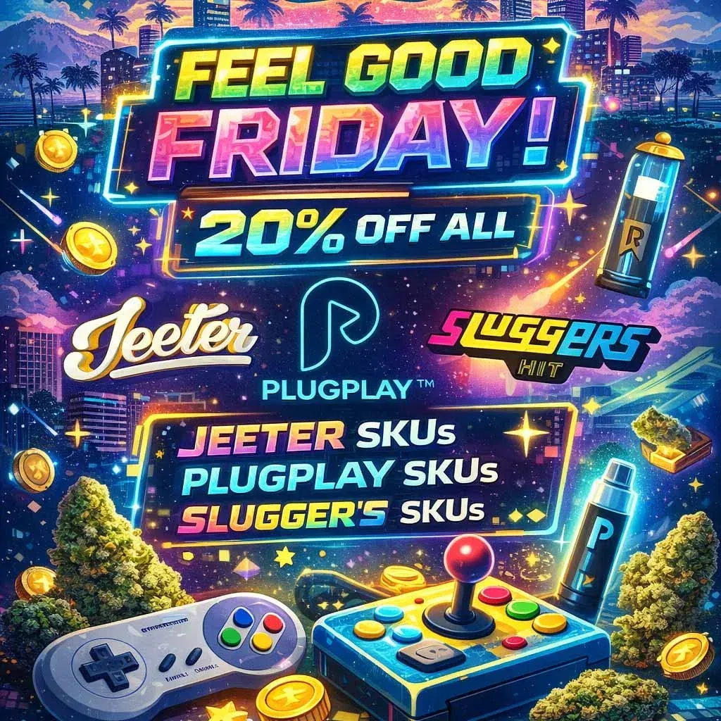 Arcade-themed promotional graphic advertising Feel Good Friday with 20% off all Jeeter, PlugPlay, and Sluggers cannabis products, featuring retro gaming controllers and cannabis products.
