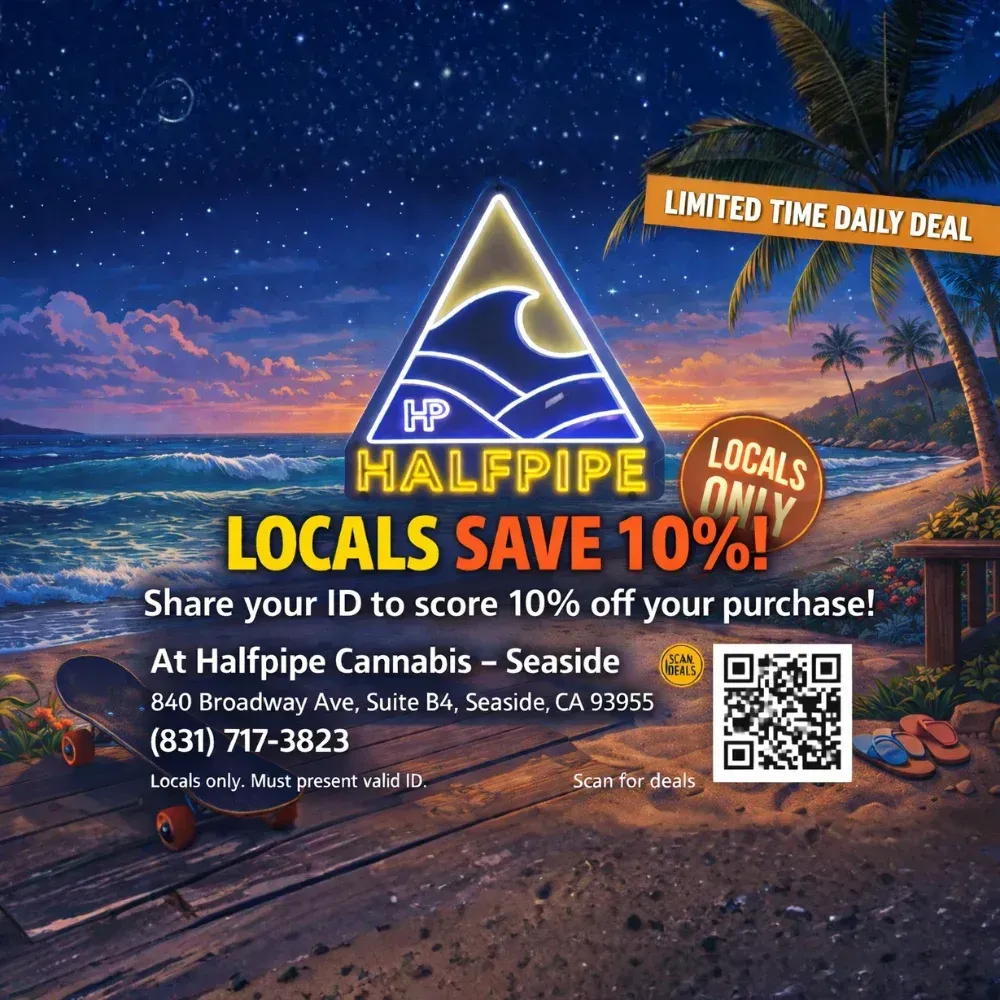 Promotional graphic for Halfpipe Cannabis Seaside offering locals 10% off their purchase with valid ID, featuring a beach at sunset, QR code, and store location information.