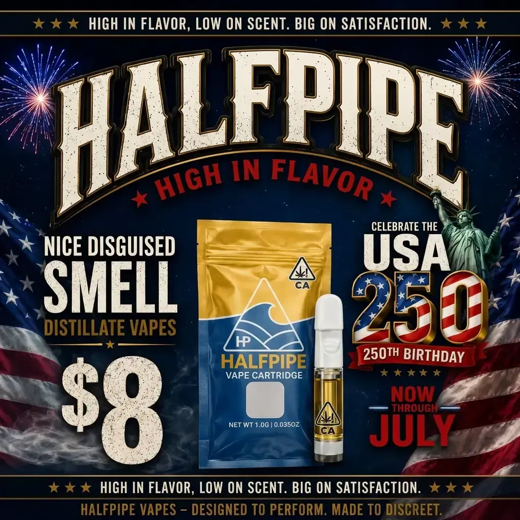 Advertisement for Halfpipe Vape cart with American colors and a price o $8