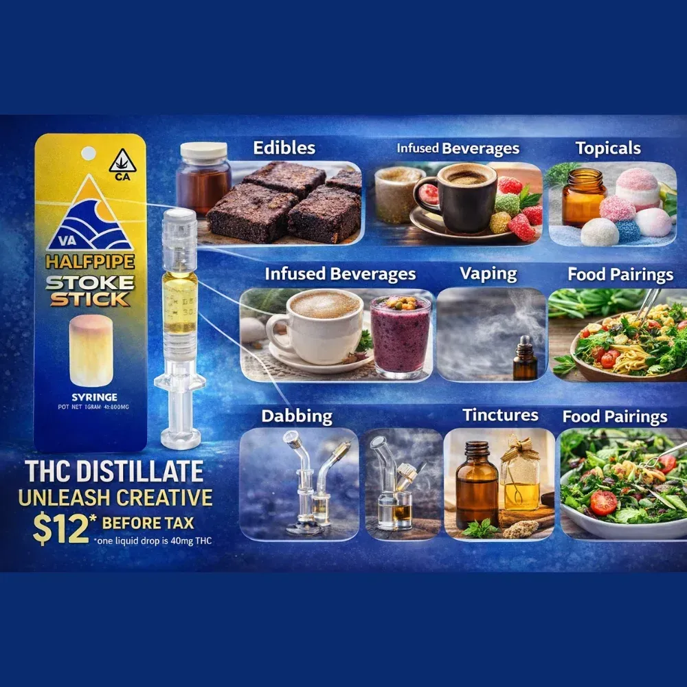 Promotional graphic for the Halfpipe Stoke Stick THC distillate syringe priced at $12 before tax, highlighting uses for edibles, infused beverages, vaping, dabbing, tinctures, topicals, and food pairings.
