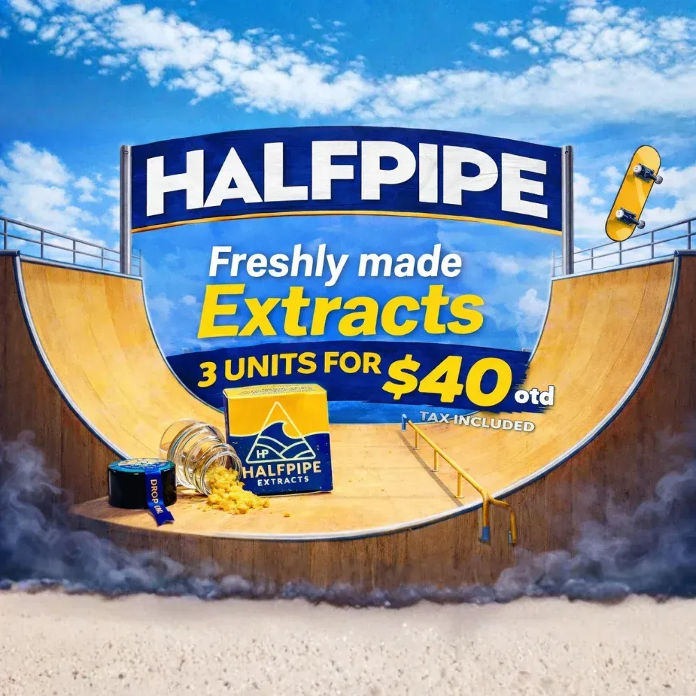 Promotional graphic advertising Halfpipe freshly made cannabis extracts with 3 units for $40 out the door, featuring concentrate products displayed in a skate halfpipe.