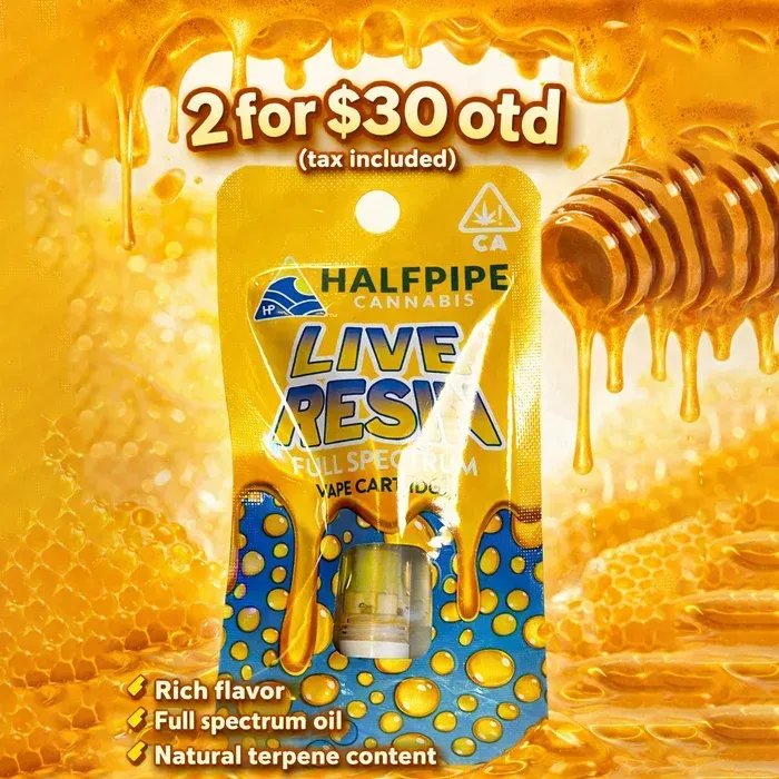 Promotional graphic advertising Halfpipe Cannabis Live Resin full-spectrum vape cartridges for 2 for $30 out the door (tax included), highlighting rich flavor, full-spectrum oil, and natural terpene content.