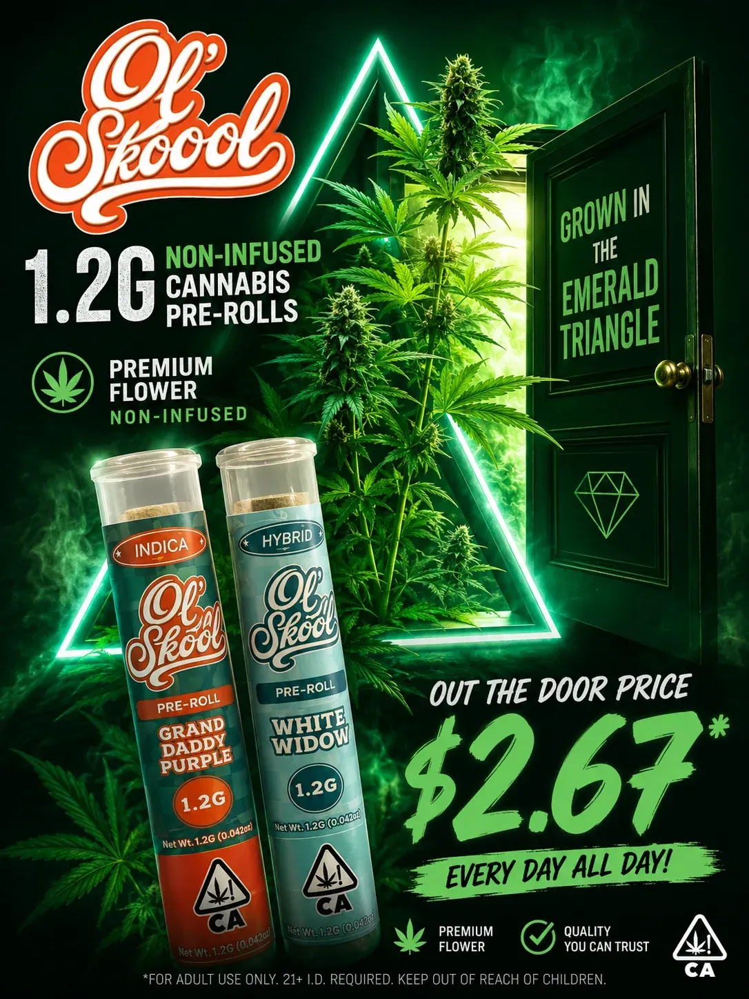 Advertisement for Ol Skool pre-rolls 1.2g and showing price of $2.67