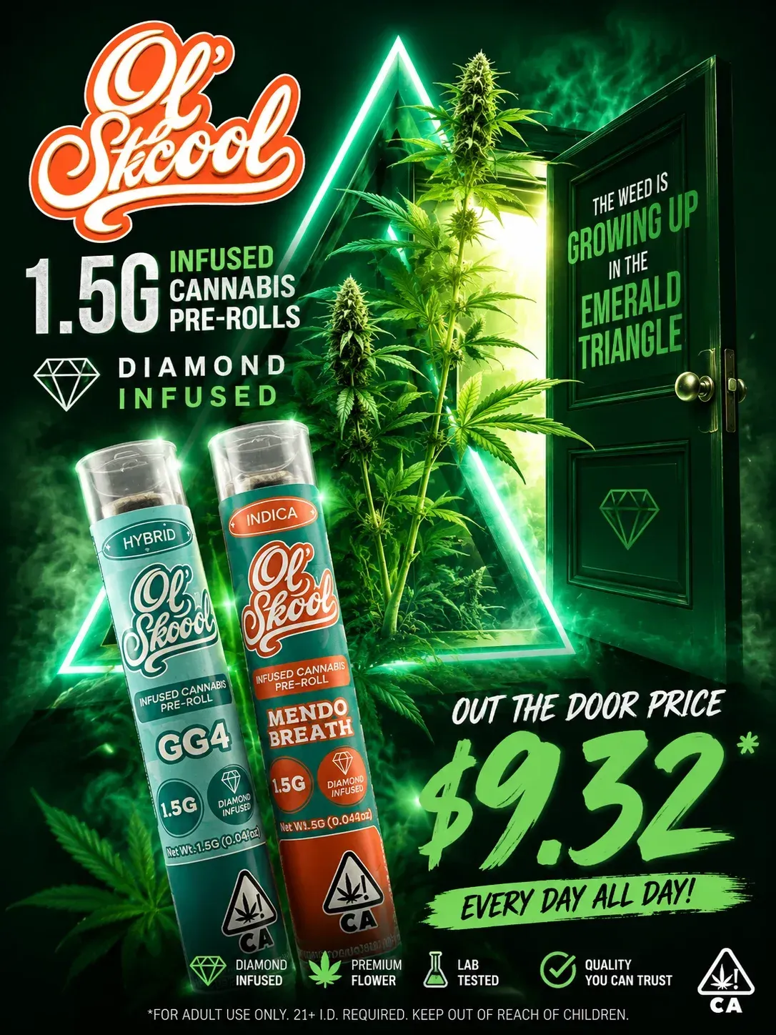 Advertisement for Ol Skool pre-rolls 1.2g and showing price of $9.32
