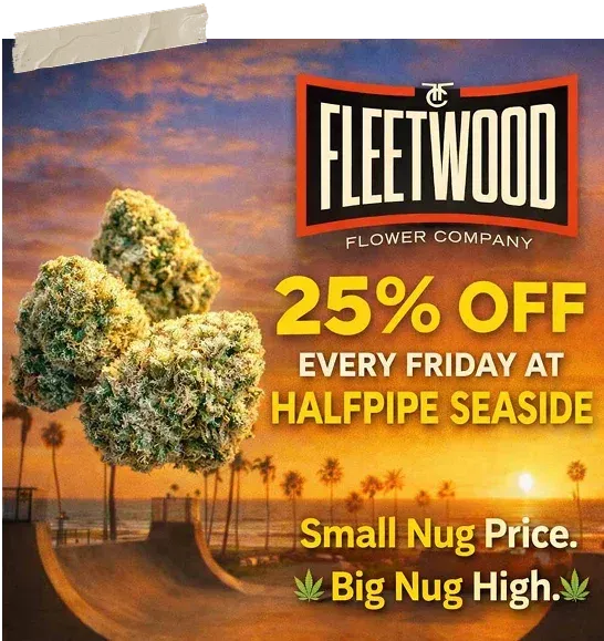 Fleetwood flower company ad: 25% off every Friday at Halfpipe Seaside, sunset skatepark background.
