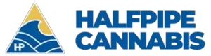 Halfpipe Cannabis logo with blue text and a triangular blue-and-gold emblem